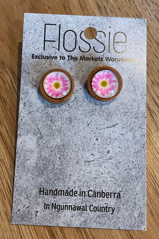 *Earrings Wooden Bright Pink Flowers Dome Studs
