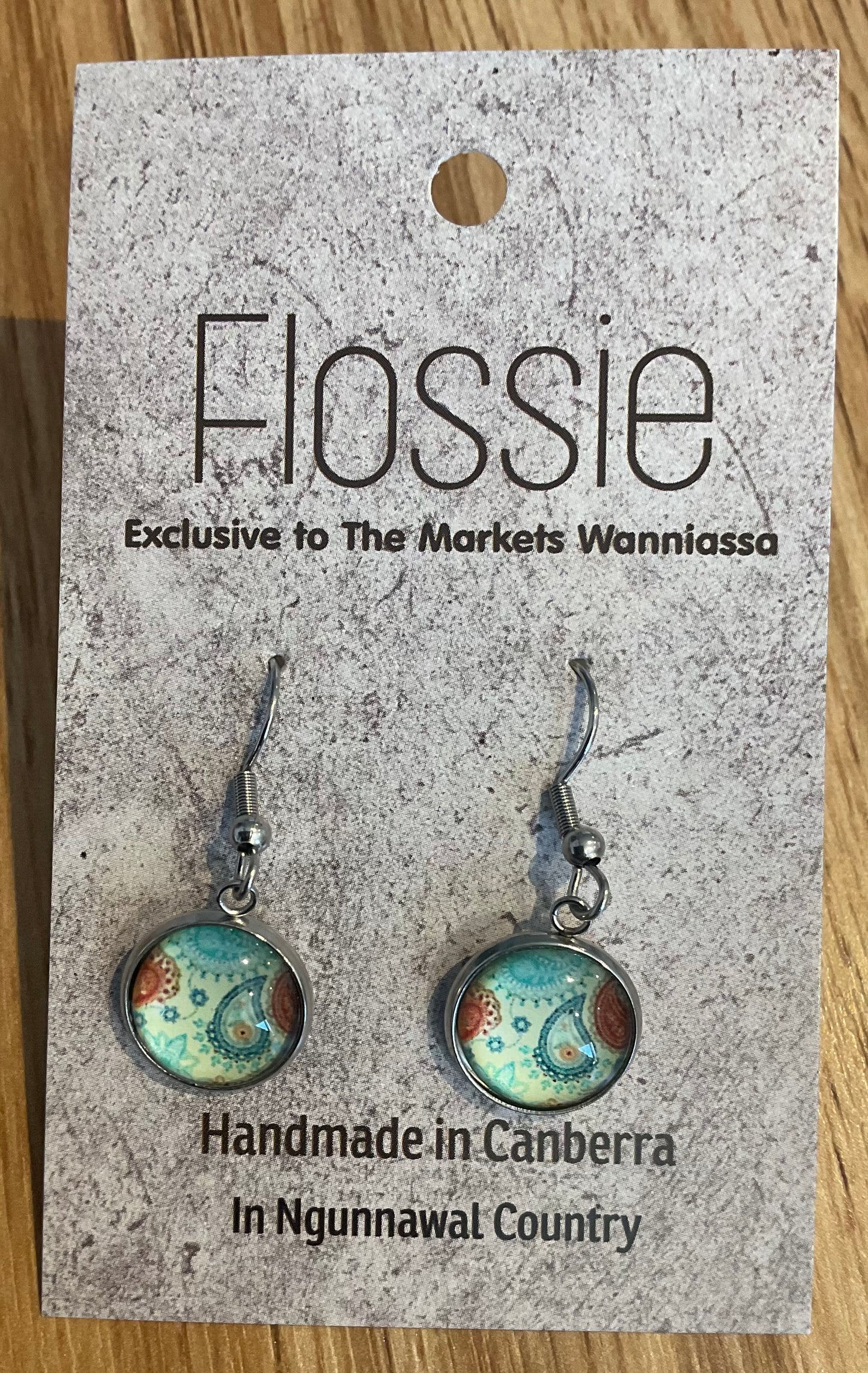 *Earrings Glass Dome Dangles Green Paisley