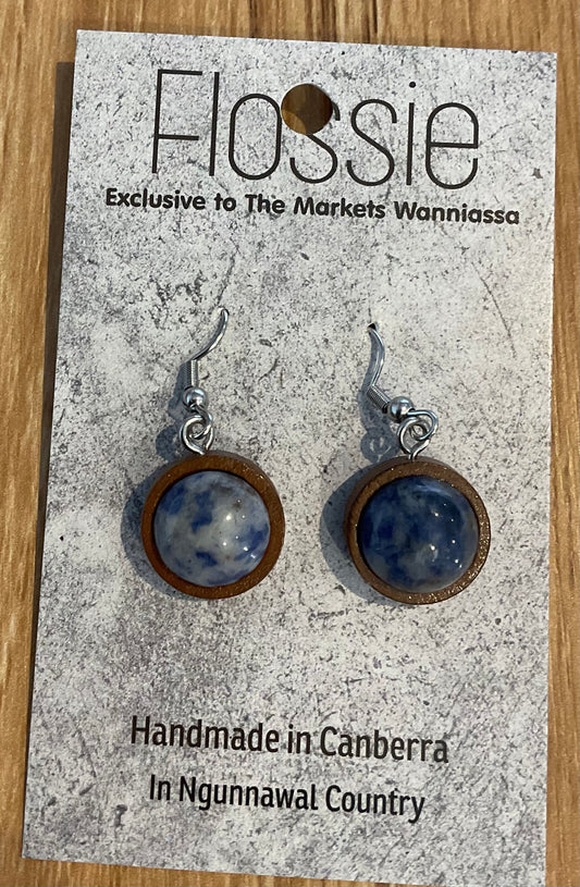 *Earrings Wooden Cloudy Blue Stone Dome Dangles