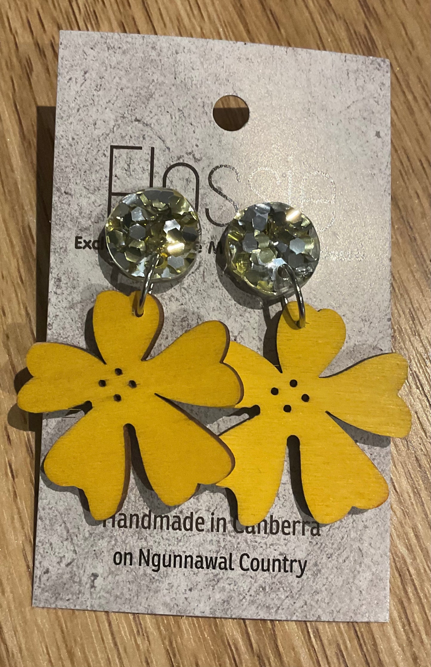 *Earrings Wooden Yellow Flower Dangles