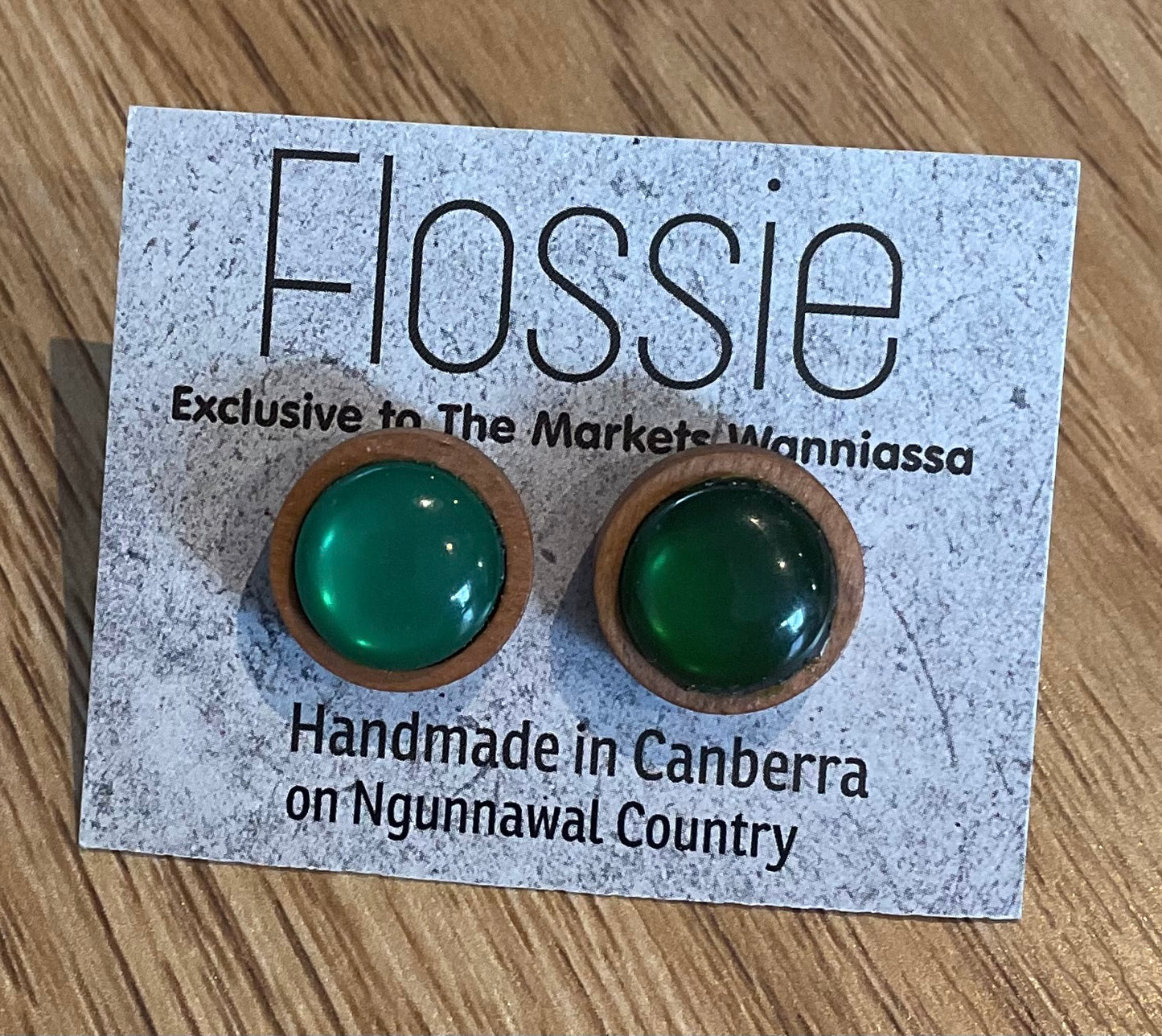 *Earrings Wooden Pearly Deep Green Dome Studs