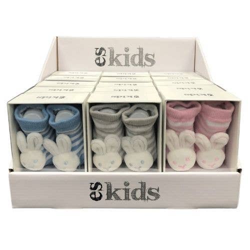 Boxed 15 Pack Bunny Socks with Rattles (pink, blue, grey)