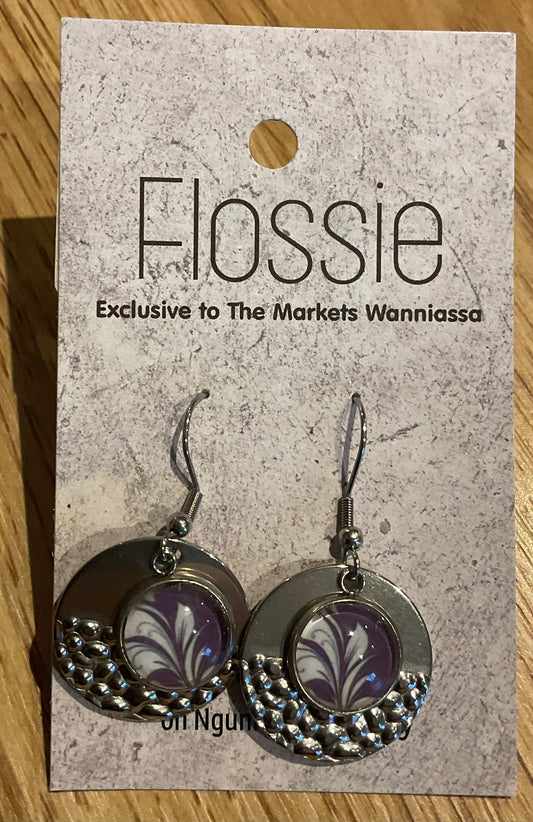 *Earrings Floral Print Glass Dome Silver Dangles