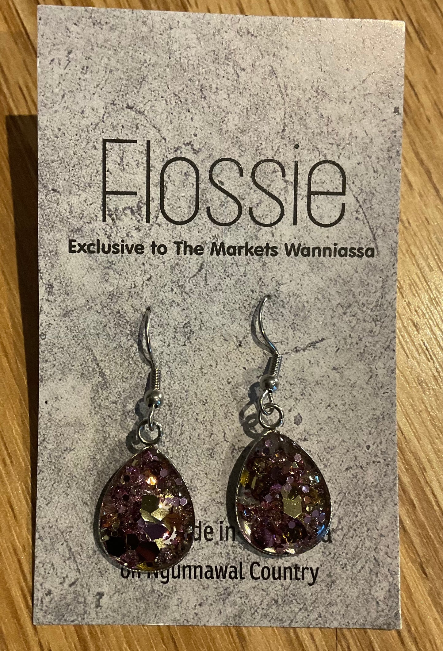 *Earrings Hand Poured Glitter Resin Dangles Purple