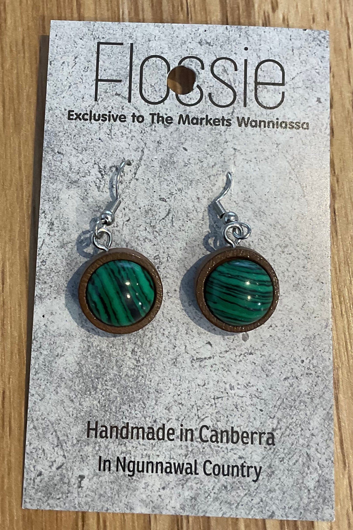 *Earrings Wooden Green/Black Stone Dangles
