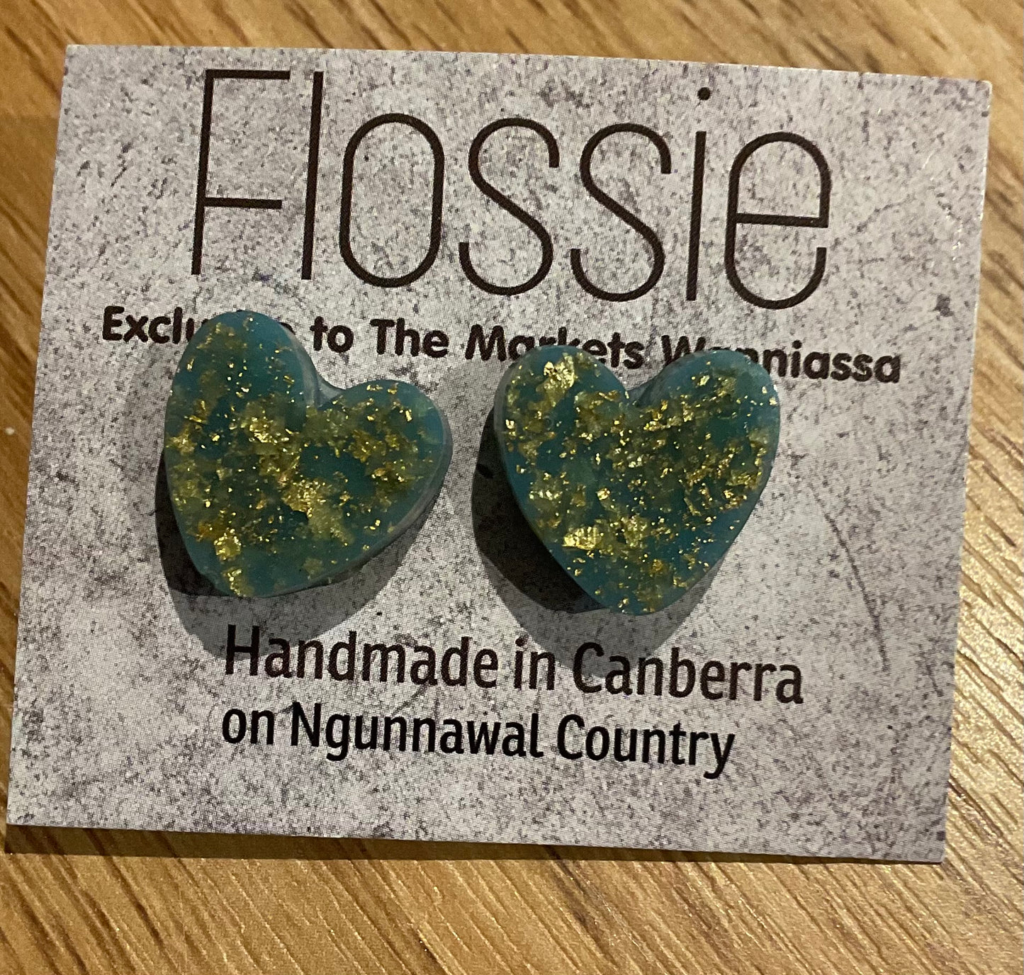 *Earrings Resin Blue/Green Gold Fleck Heart Studs