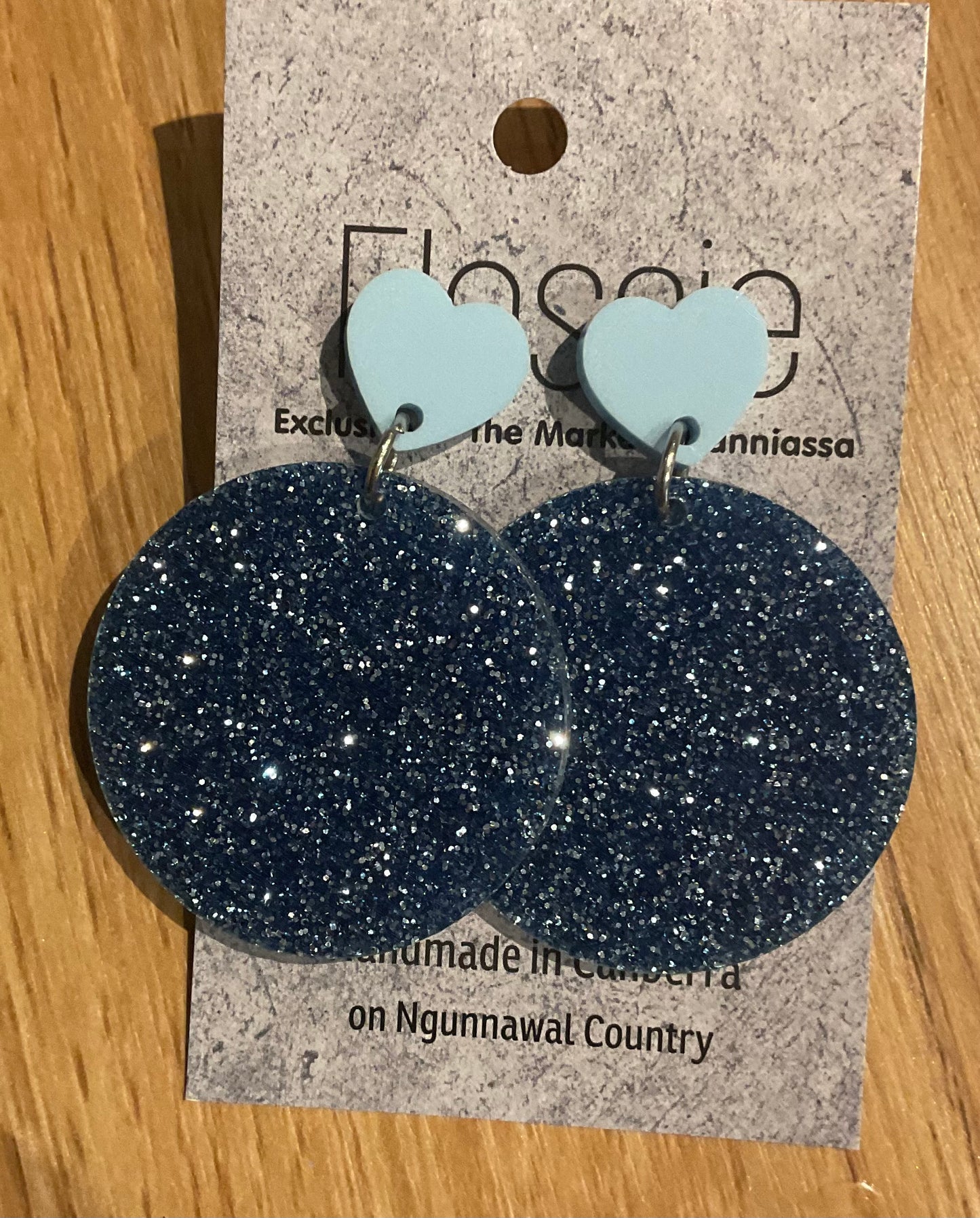 *Earrings 4cm Round Blue Glitter Dangles