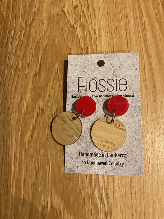 Earrings Wooden Circle with Red Dangles