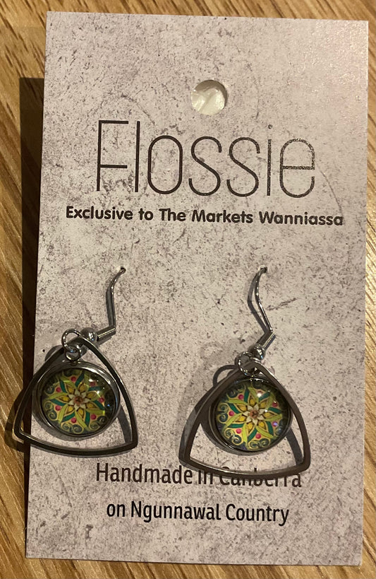 *Earrings Glass Dome Triangle Dangles Mandala