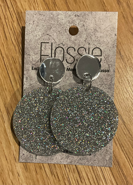 *Earrings 4cm Round Silver Glitter Dangles