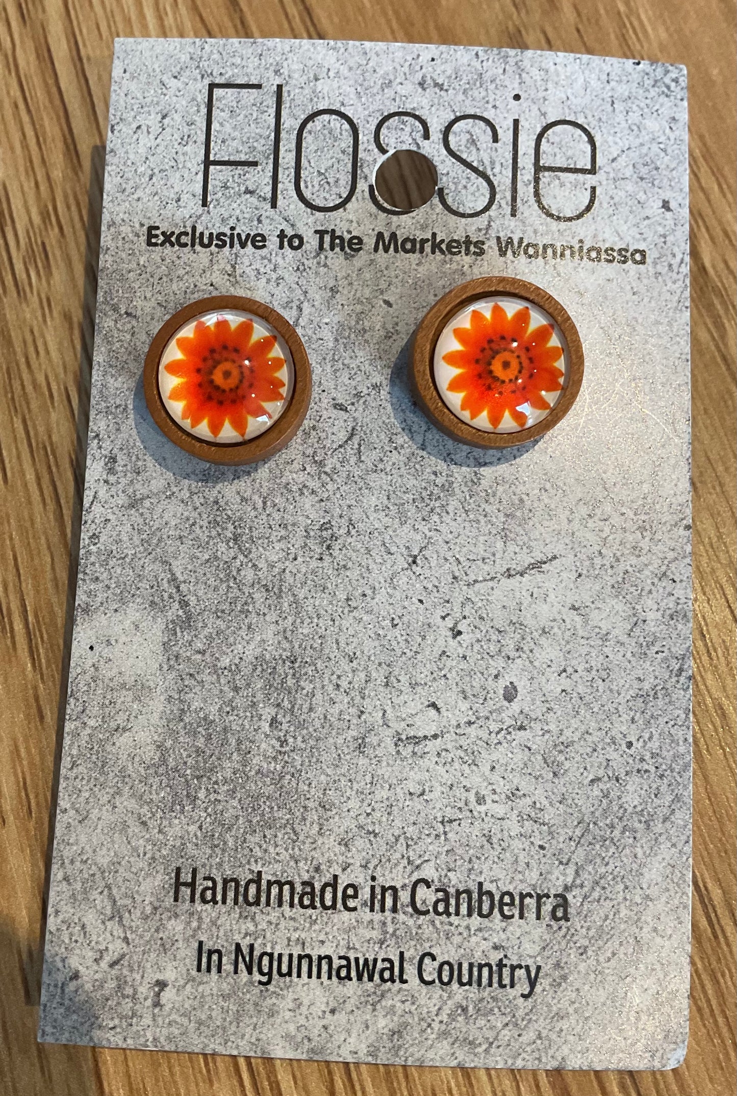 *Earrings Wooden Bright Orange Flower Studs