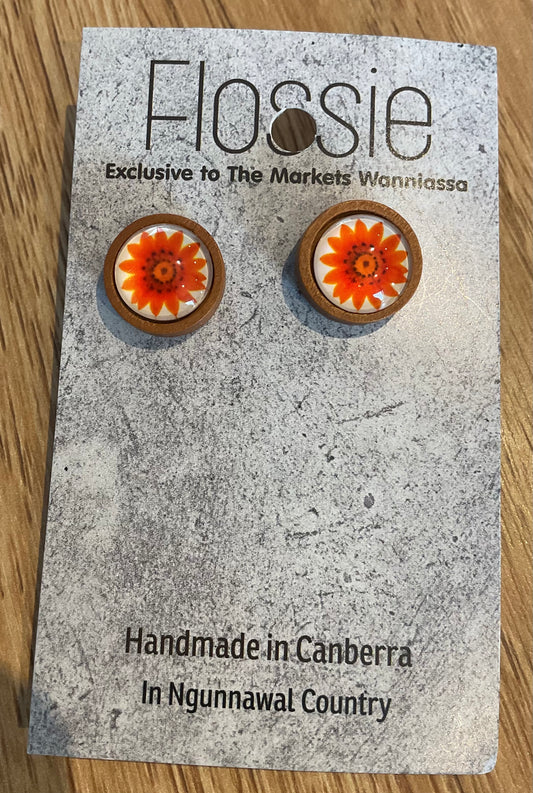 *Earrings Wooden Bright Orange Flower Studs