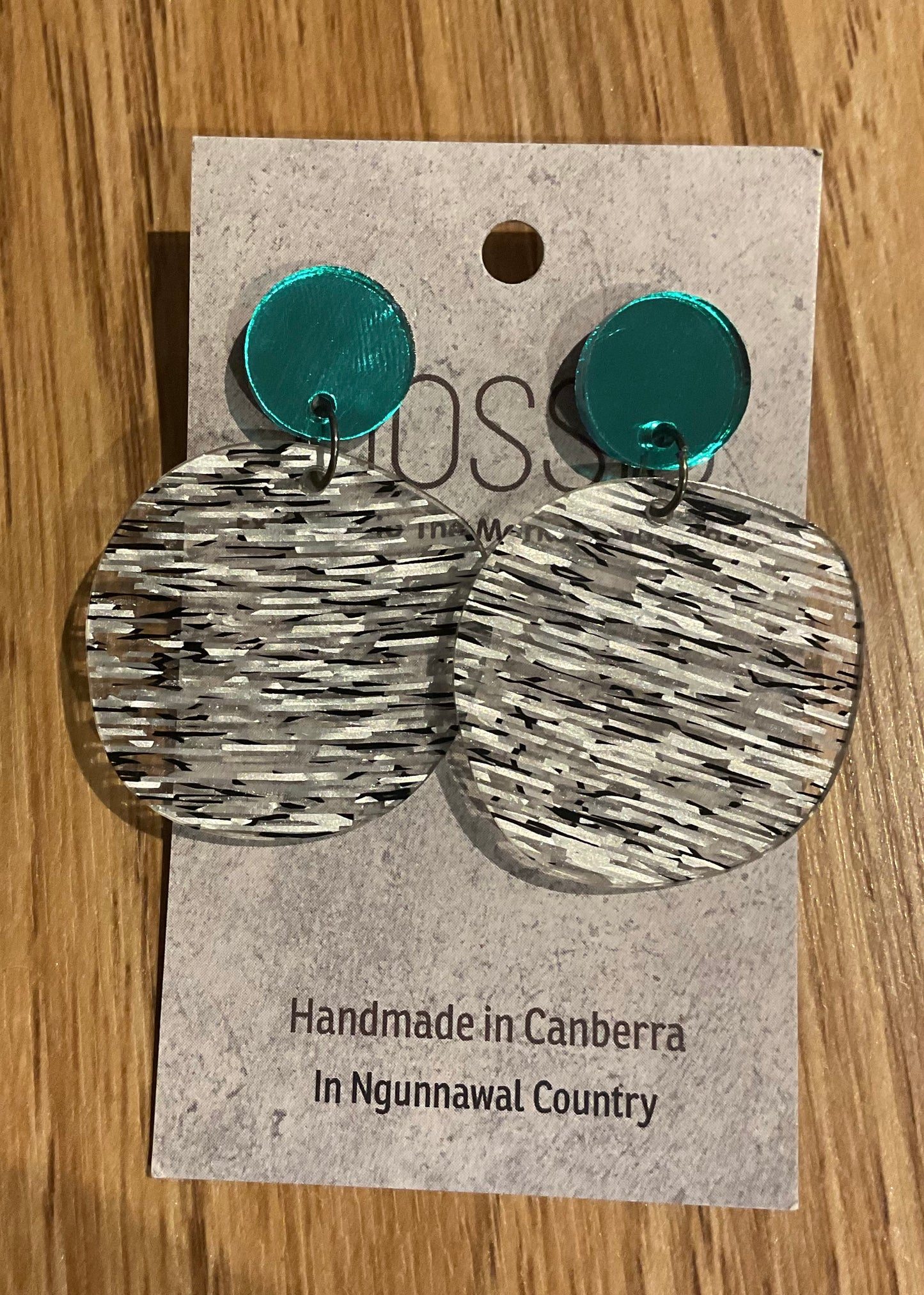 *Earrings 4cm Round Silver Black Texture Dangles