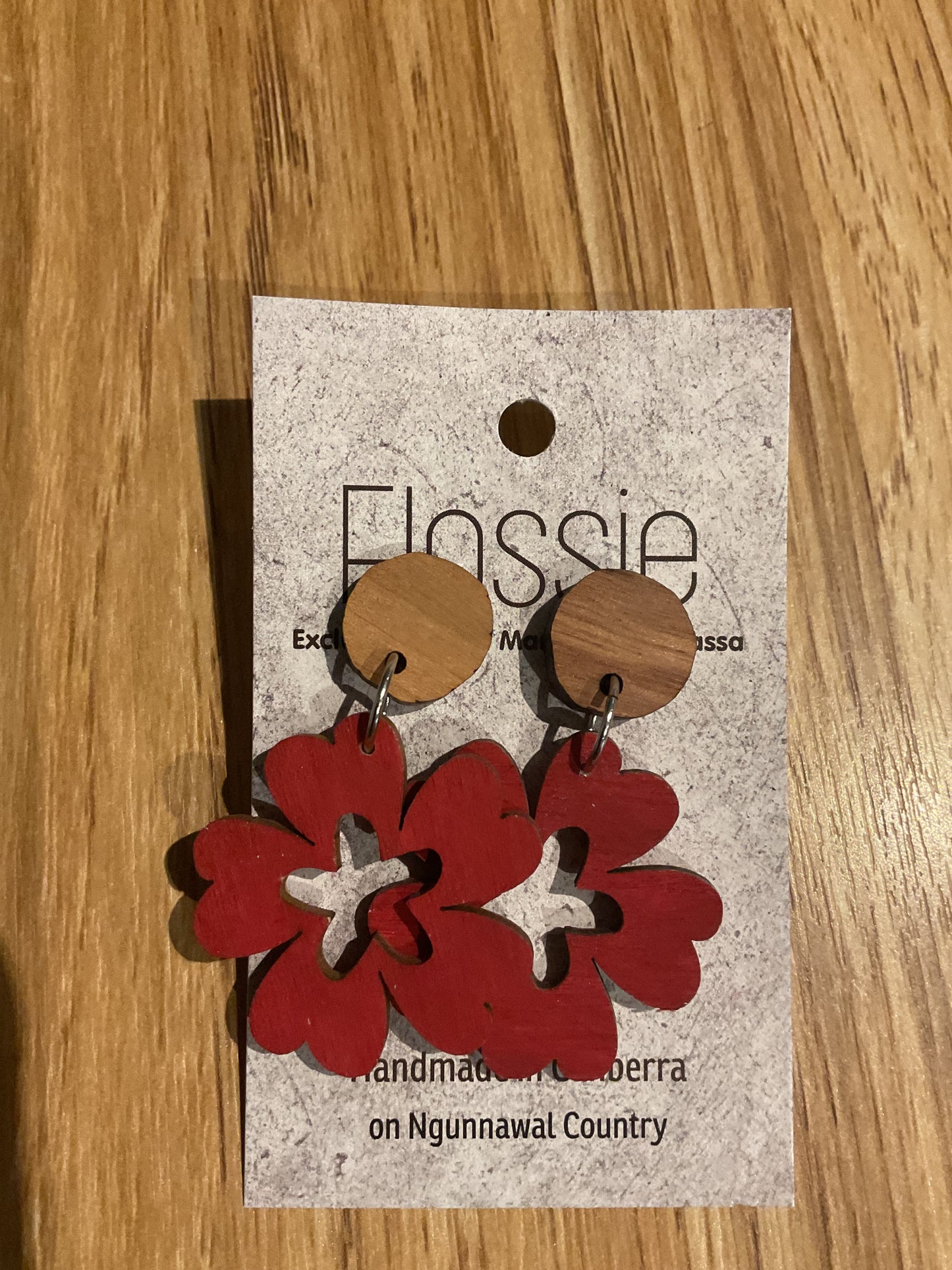 *Earrings Wooden Red Flower Dangles