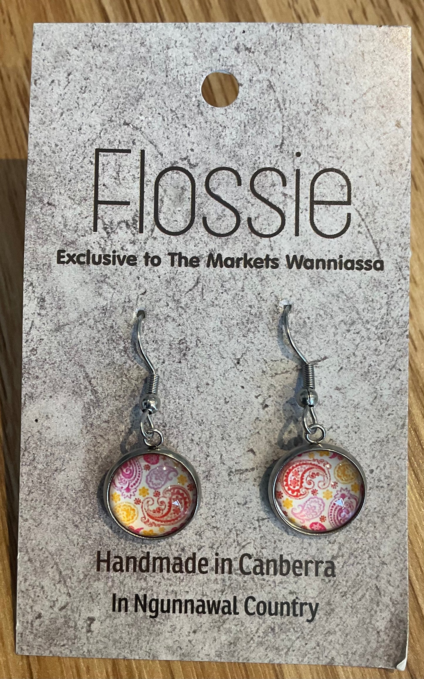 *Earrings Glass Dome Dangles Pink Paisley