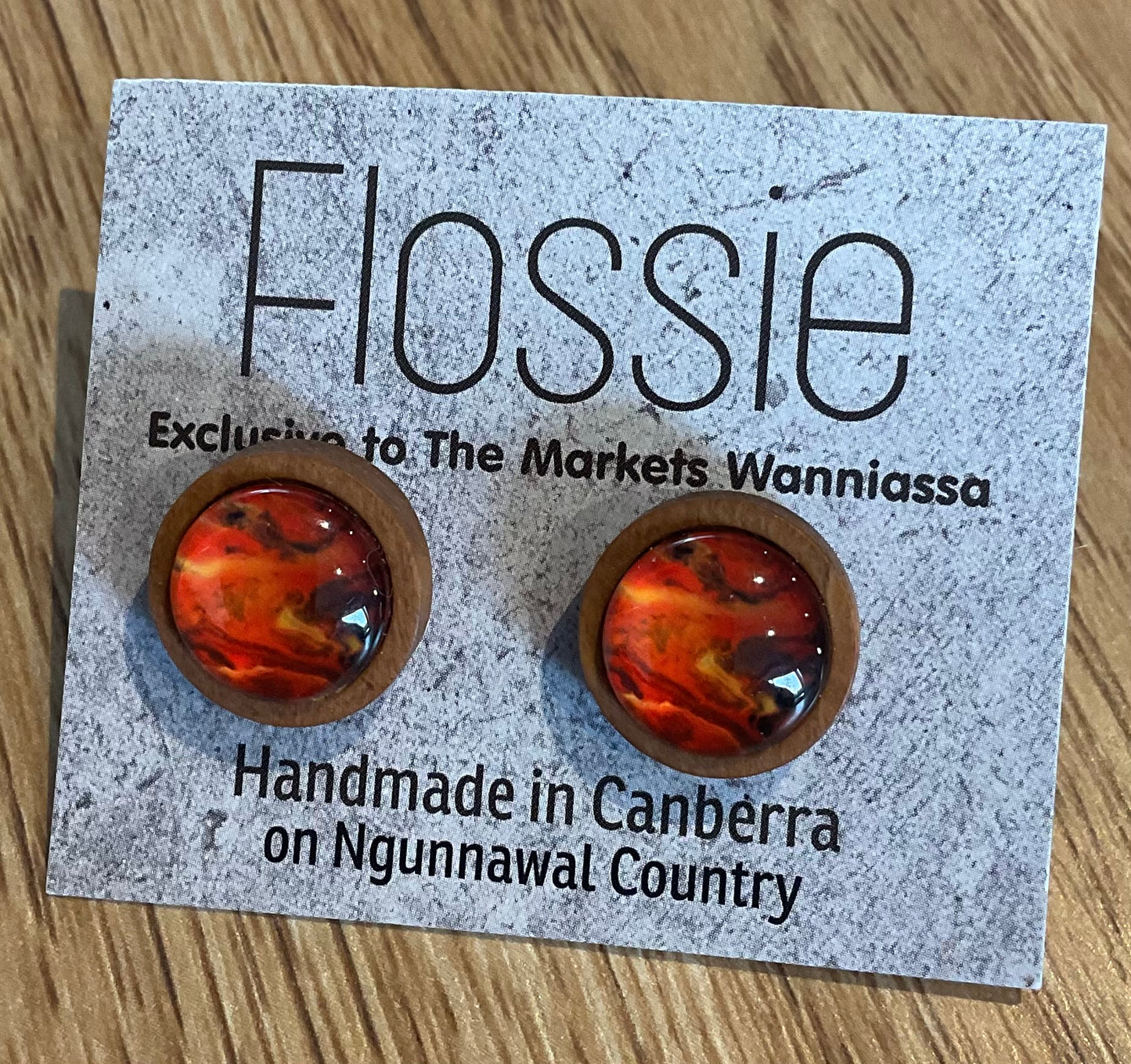 *Earrings Wooden Orange Marble Dome Studs