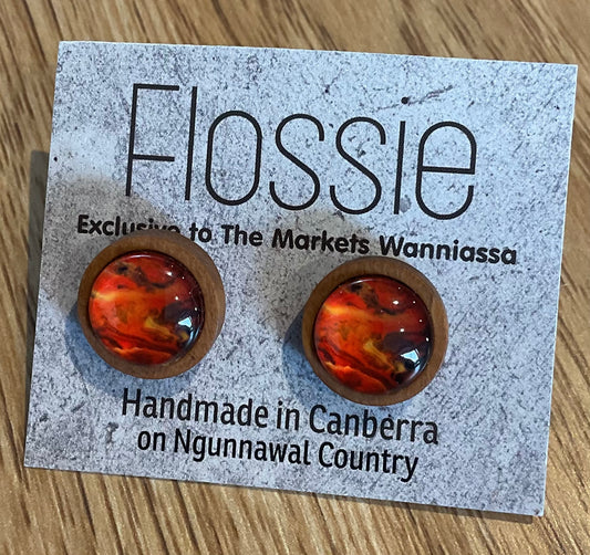 *Earrings Wooden Orange Marble Dome Studs