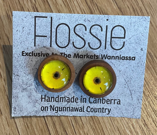 *Earrings Wooden Yellow Flower Dome Studs