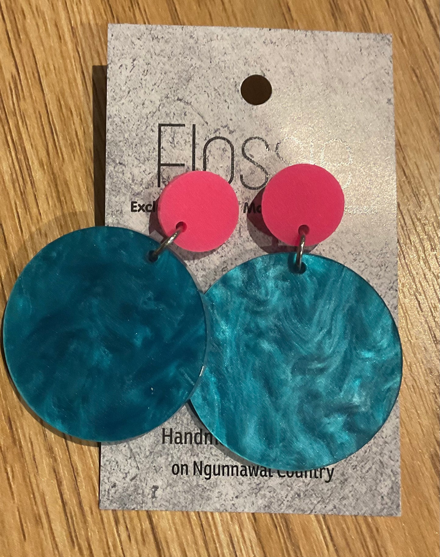*Earrings 4cm Round Teal Marble Dangles