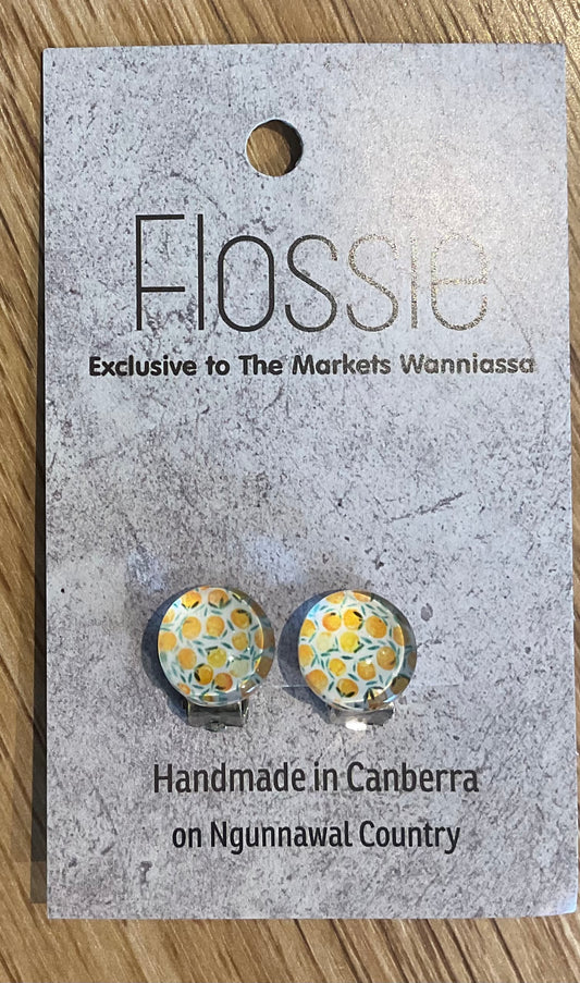 *Earrings Clip on Round Glass Dome Studs Oranges