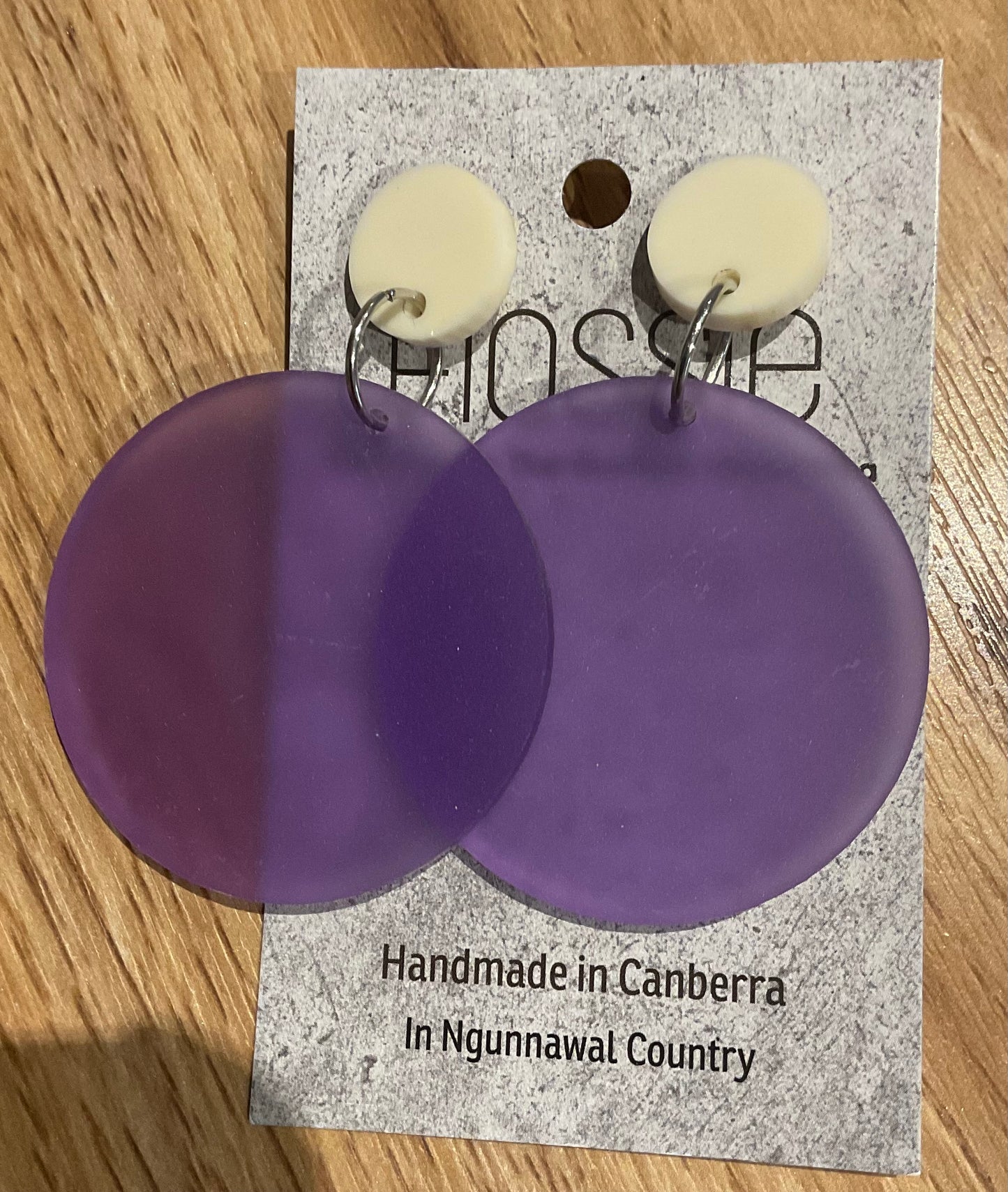 *Earrings 5cm Wooden Round Purple Dangles