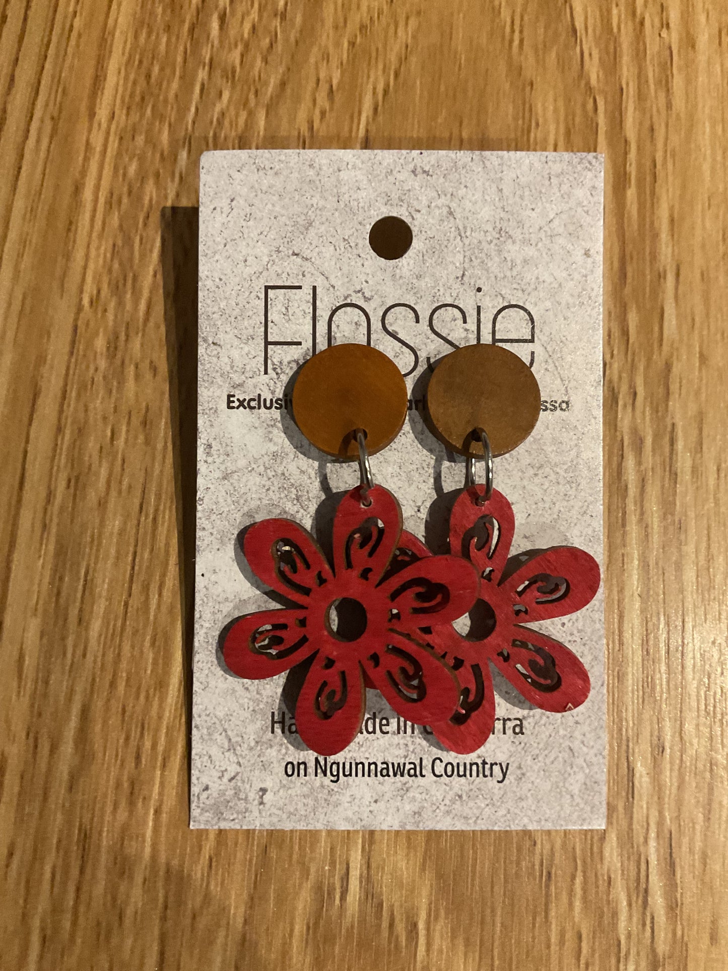 *Earrings Wooden Red Flower Dangles