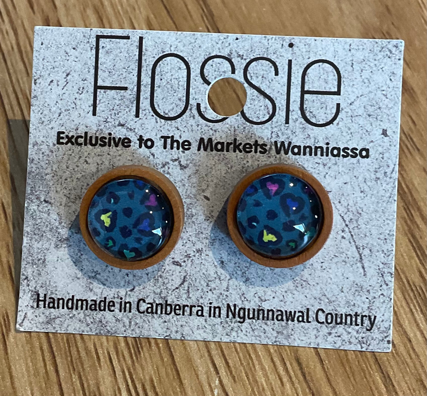 *Earrings Wooden Blue Animal Print Dome Studs