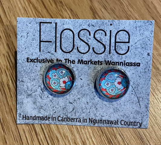 *Earrings Blue Red Pattern Glass Dome Studs