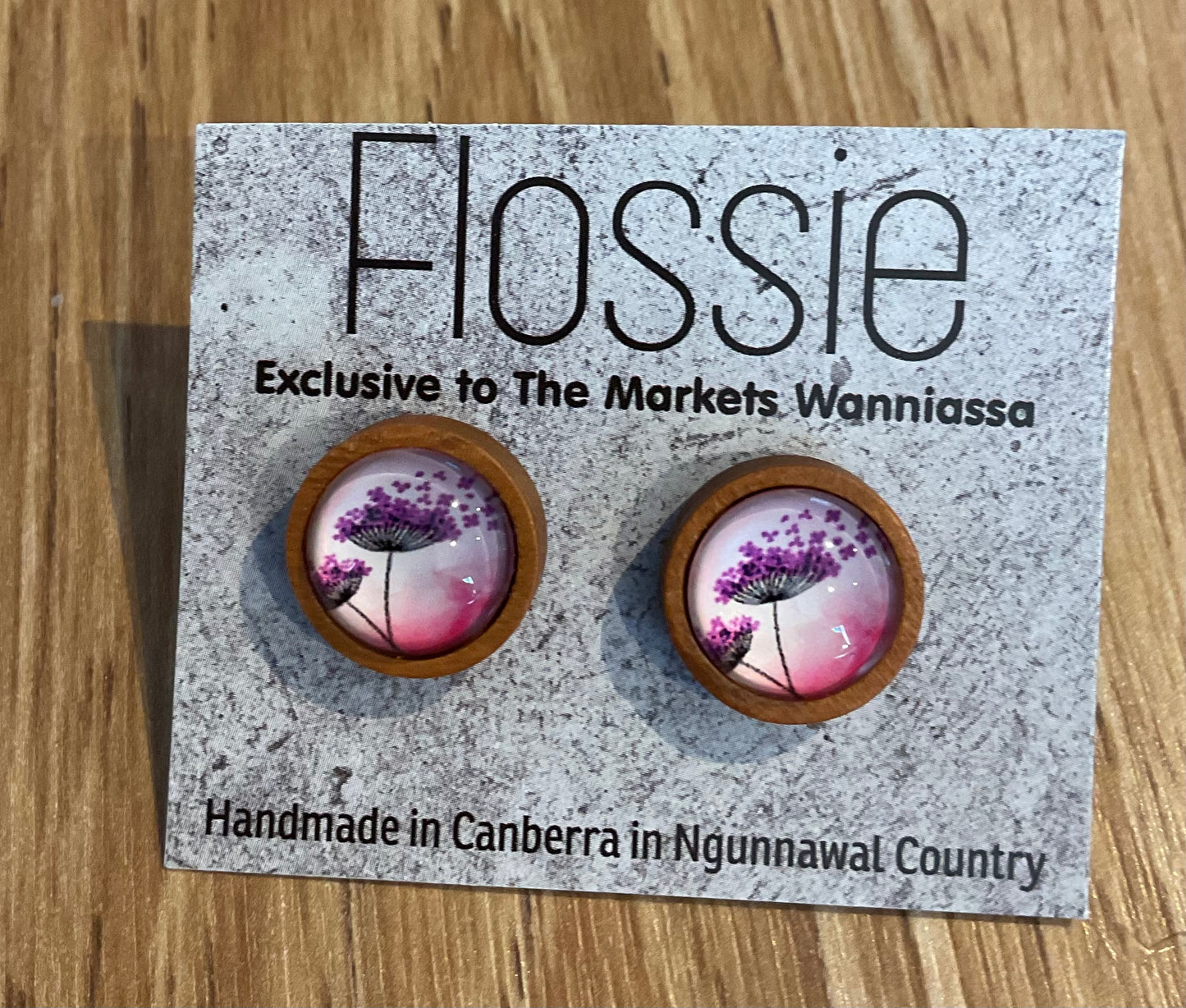 *Earrings Wooden Pink Flower Print Dome Studs