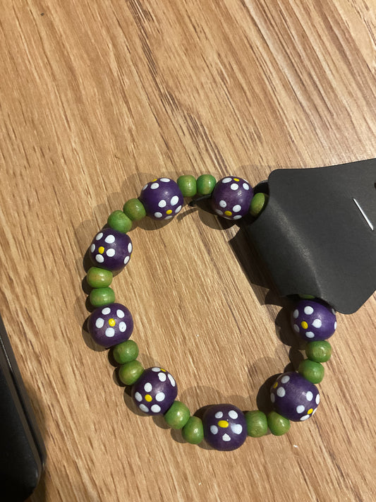 *Bracelet Wooden Beads Green & Purple Flowers
