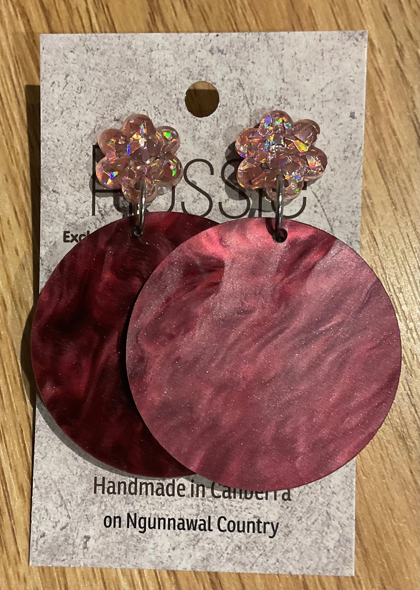 *Earrings 4.5cm Round Marble Maroon Dangles