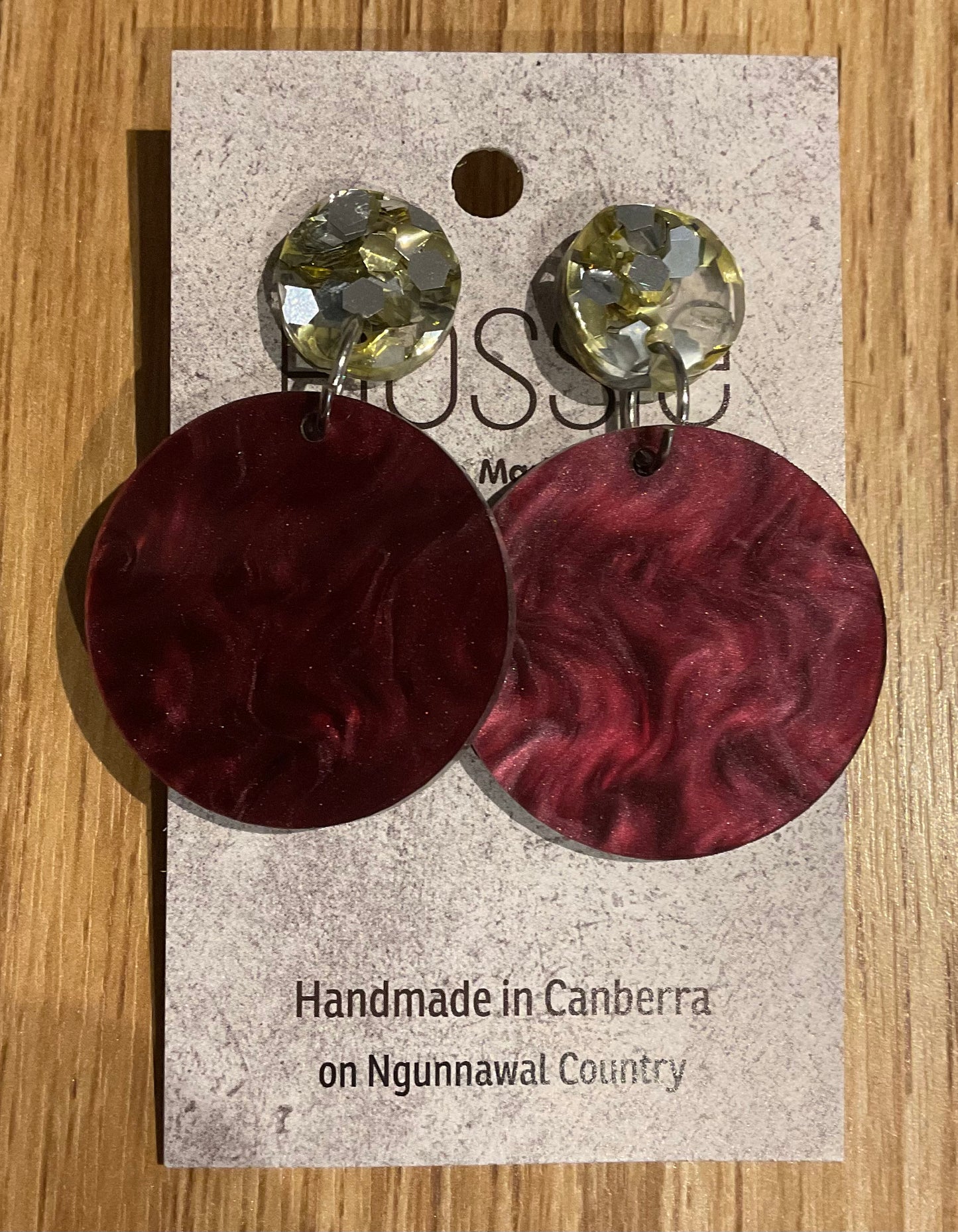 *Earrings 4cm Round Marble Maroon Dangles