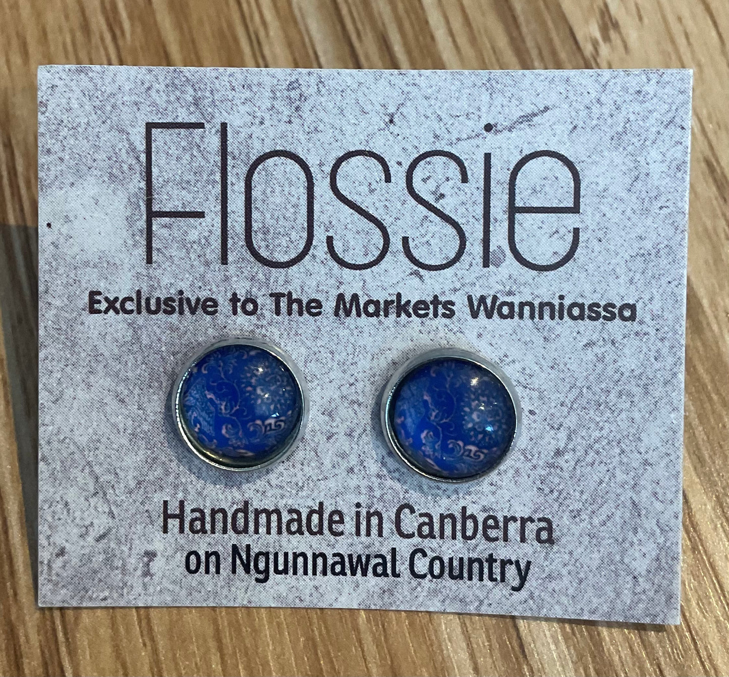 *Earrings Blue Floral Print Glass Dome Studs