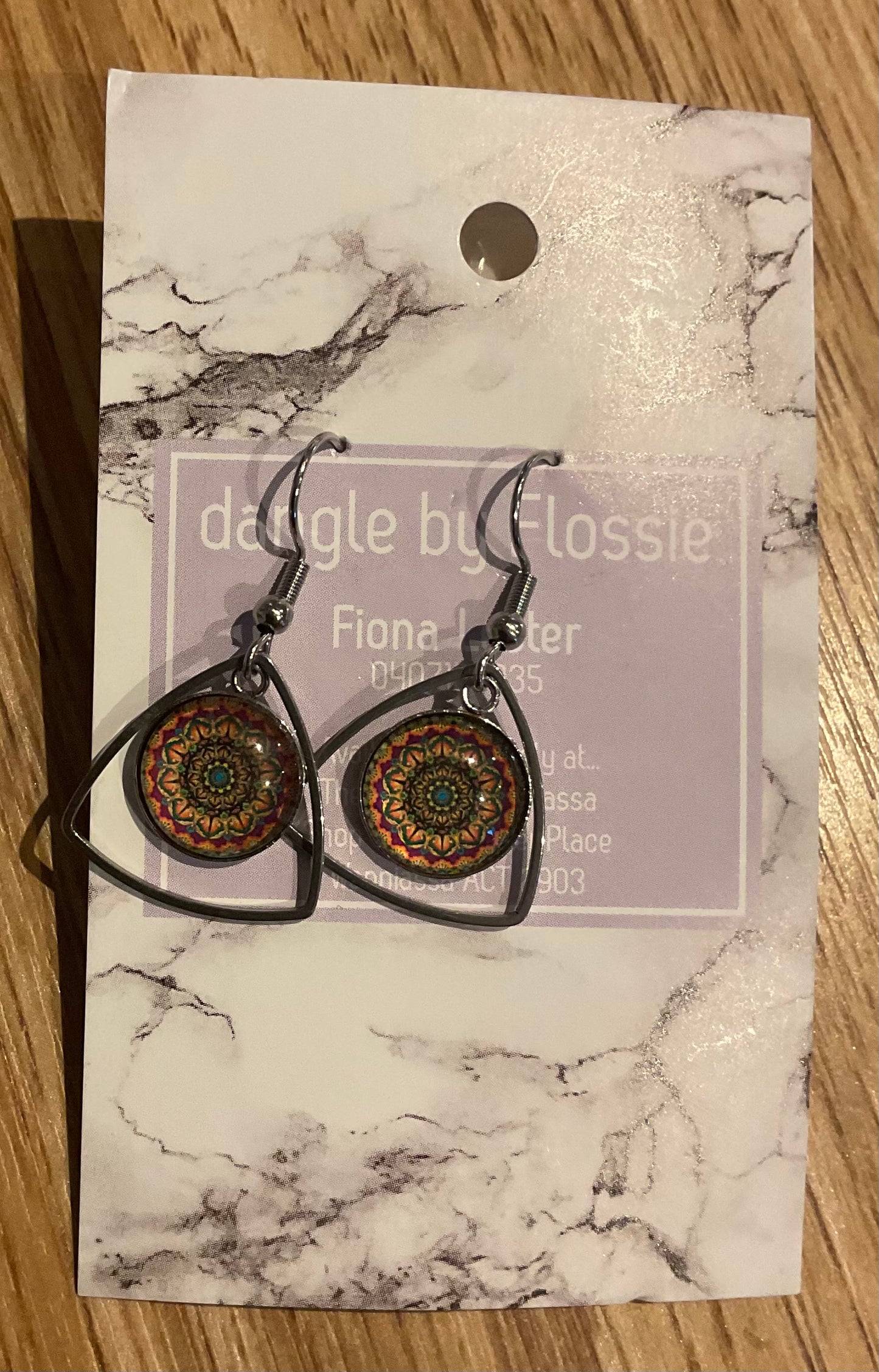 *Earrings Glass Dome Triangle Dangles Mandala