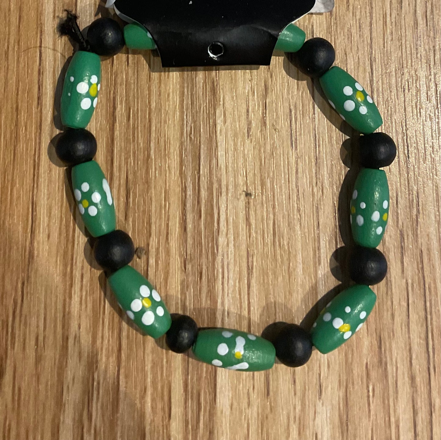 *Bracelet Wooden Beads Green & Purple Flowers