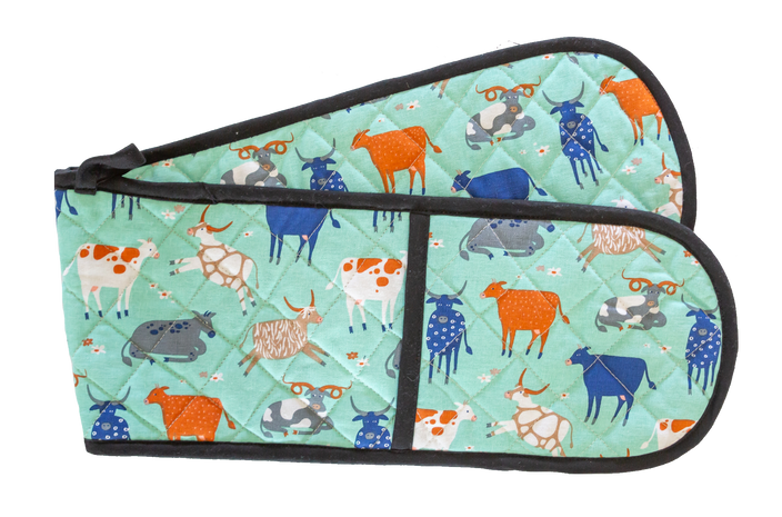 Double Oven Glove - Green Cow