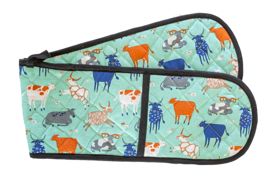 Double Oven Glove - Green Cow