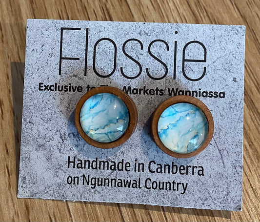 *Earrings Wooden Blue Marble Dome Studs