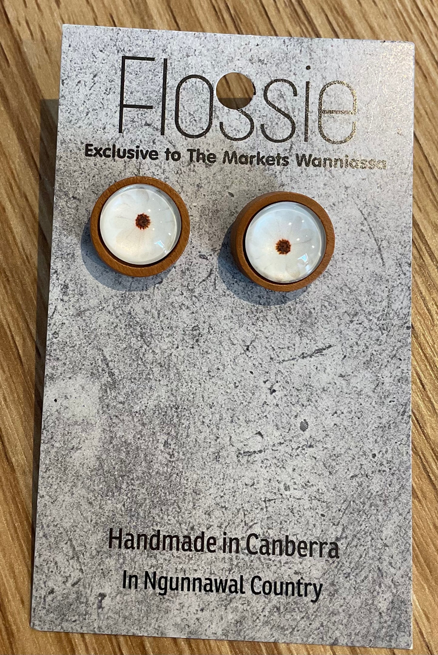 *Earrings Wooden White Flower Studs