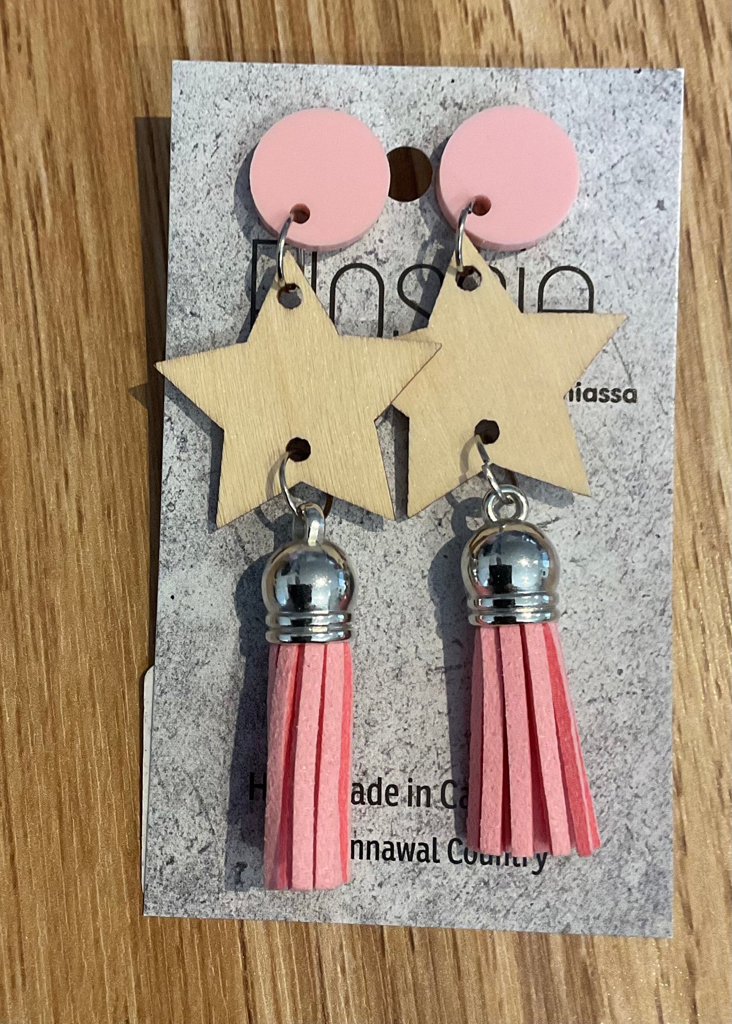 *Earrings Wooden Star and Tassel Dangles Pink