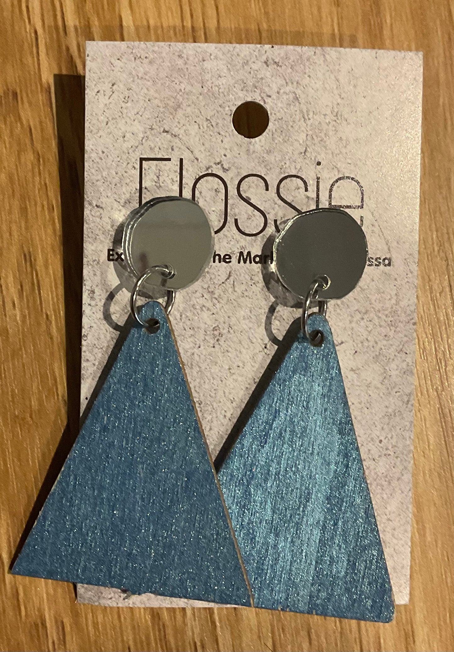 *Earrings Wooden Sparkle Blue Triangle Dangles