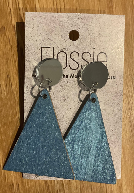 *Earrings Wooden Sparkle Blue Triangle Dangles