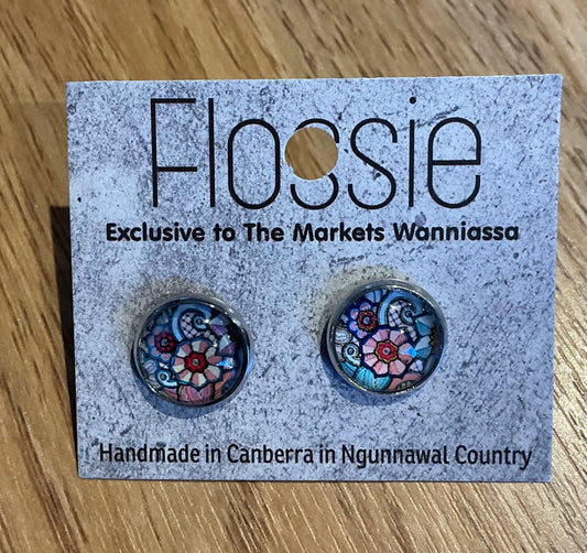 *Earrings Pink Flower Print Glass Dome Studs