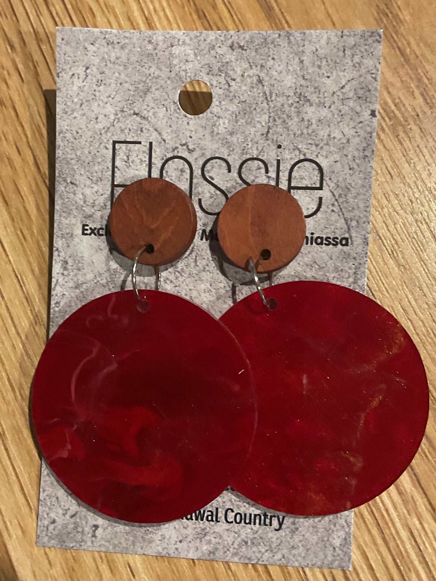 *Earrings 4cm Round Marble Red Dangles