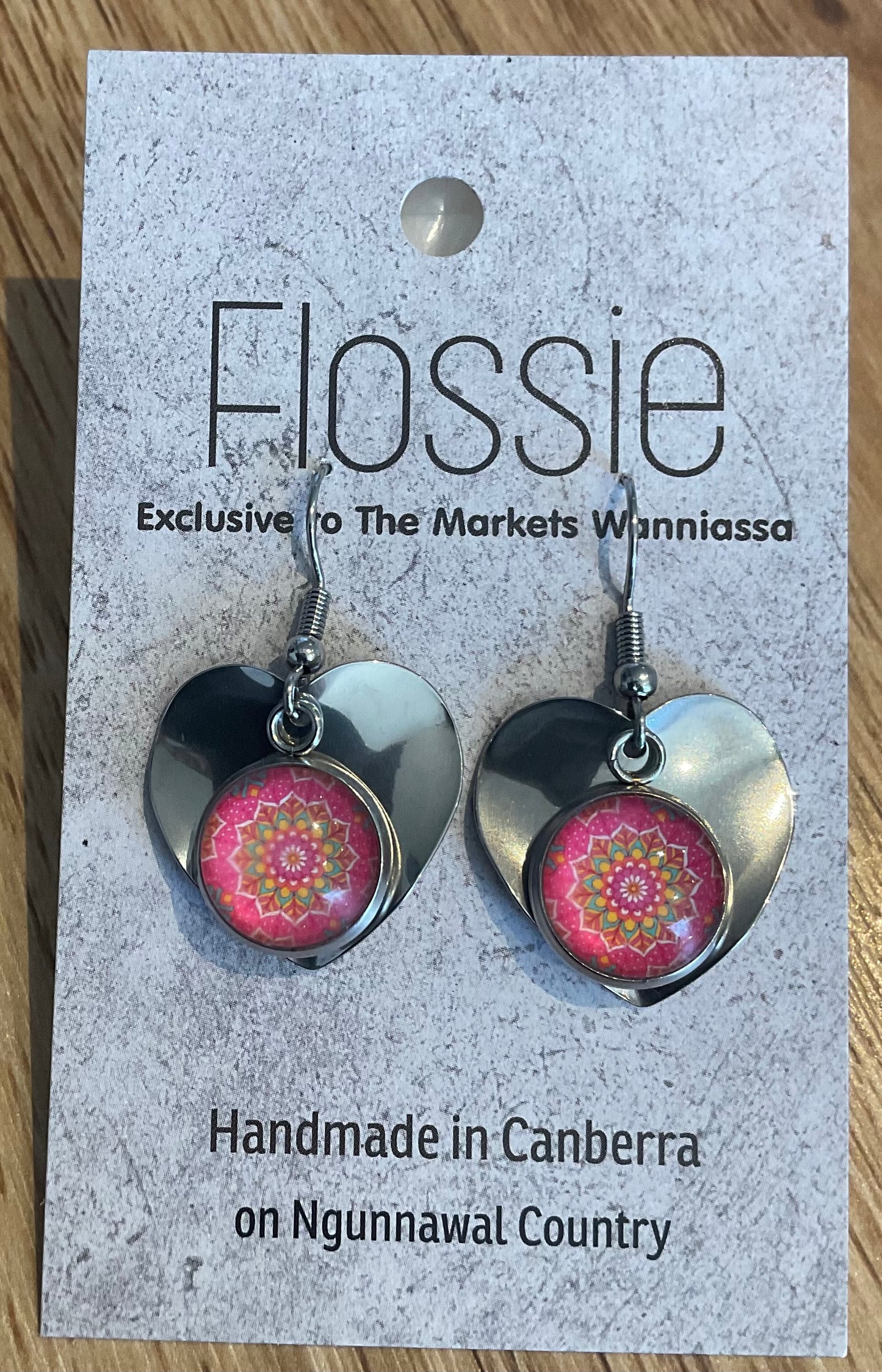 *Earrings Glass Dome Heart Dangles Mandala