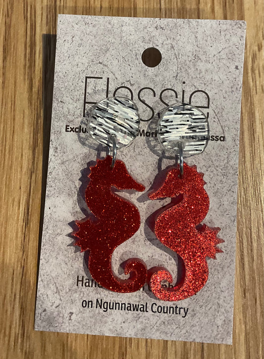 *Earrings Acrylic Red Seahorse Dangles