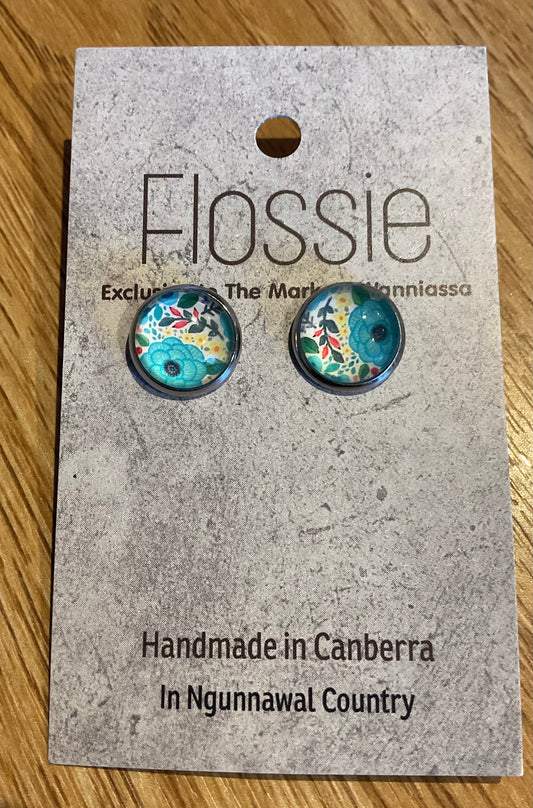 *Earrings Blue Flower Print Glass Dome Studs