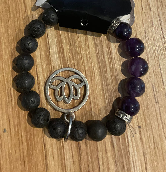 *Bracelet Lava Beads and Lotus Charm