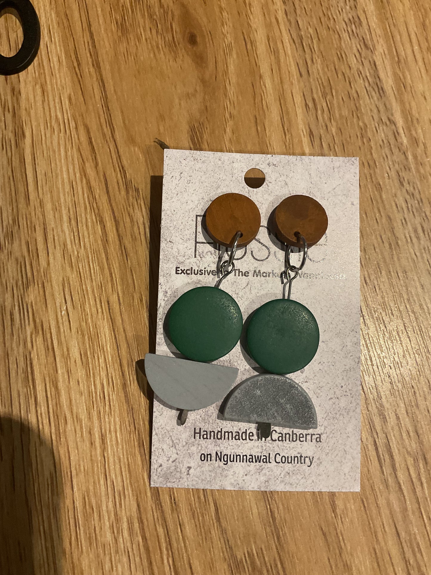 *Earrings Wooden Green and Silver Circles Dangles