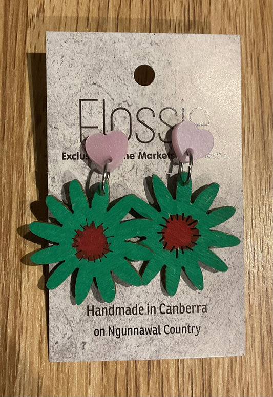 *Earrings Wooden Green Flower Dangles